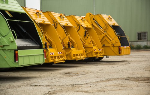 A row of four large, heavy-duty rubbish collection vehicles parked on a concrete surface in front of a green industrial or warehouse building with a corrugated metal exterior. The first vehicle on the left is painted in a light green colour, while the next three are painted in bright yellow. Each vehicle features a large hopper with a black opening at the rear, designed for waste collection, with metallic levers and safety markings visible on the yellow models. The vehicles are lined up neatly, partially overlapping and facing to the right side of the image. The ground appears to be a mix of compacted gravel and dirt, typical of a waste management depot or storage yard. The scene is illuminated by natural daylight, casting soft shadows and indicating clear weather conditions. This setup reflects professional rubbish removal and waste collection services, similar to those provided by Commercial Waste Removal Haringey in the local area, situated near London.